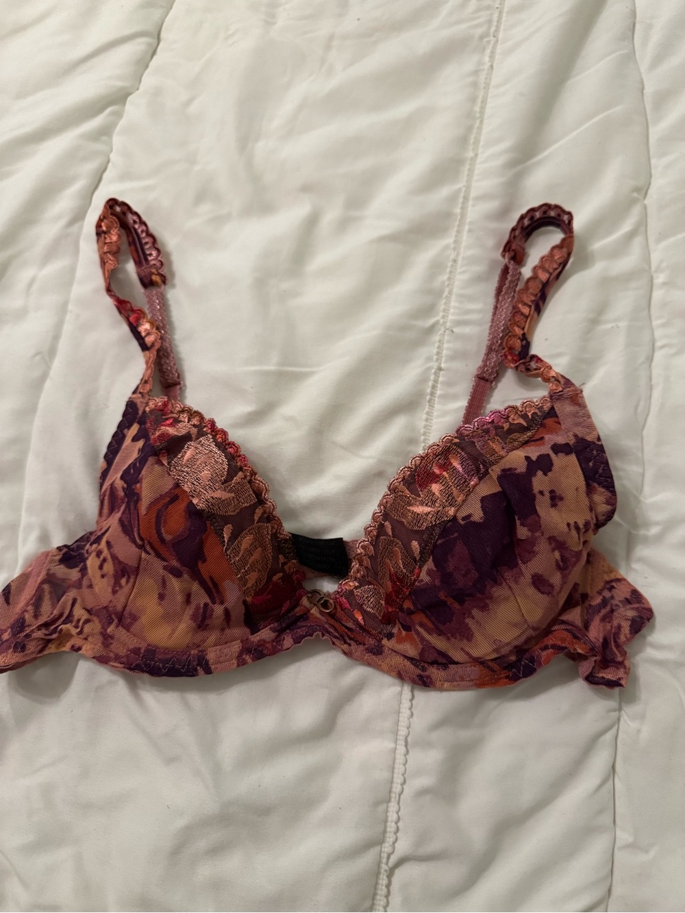 Aubade Printed Underwire Bra in Mauve and Plum with Lace Trim